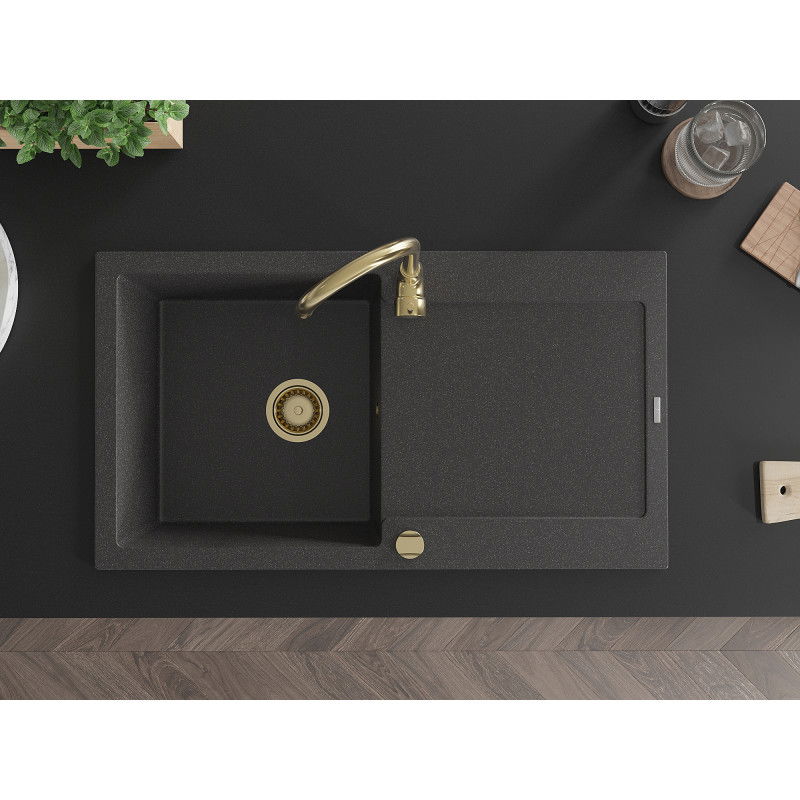 Mexen Leo granitinė kriauklė su skyrimu 900 x 500 mm, juoda dėmėta, auksinis sifonas - 6501901010-76-G