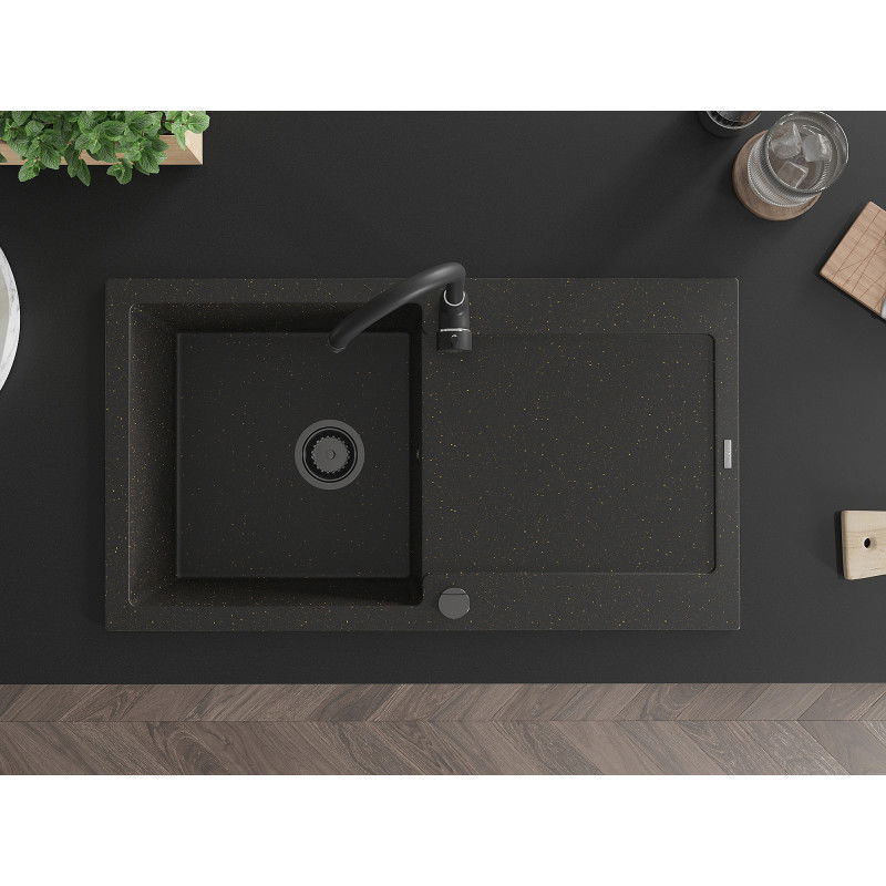 Mexen Leo granitinė vienos kameros plautuvė su nusausintuvu 900 x 500 mm, juoda/auksinis metalo spindesys, juodas sifonas