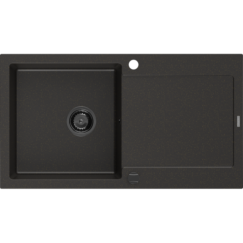 Mexen Leo granitinė vienos kameros plautuvė su nusausintuvu 900 x 500 mm, juoda/auksinis metalo spindesys, juodas sifonas
