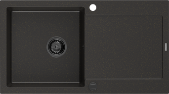 Mexen Leo granitinė vienos kameros plautuvė su nusausintuvu 900 x 500 mm, juoda/auksinis metalo spindesys, juodas sifonas