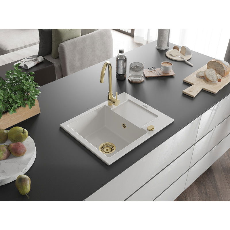 Mexen Enzo granito Plautuvė; 1 skyrius su nutekamuoju paviršiumi 576 x 465 mm, balta, sifonas auksinis - 6506571005-20-G