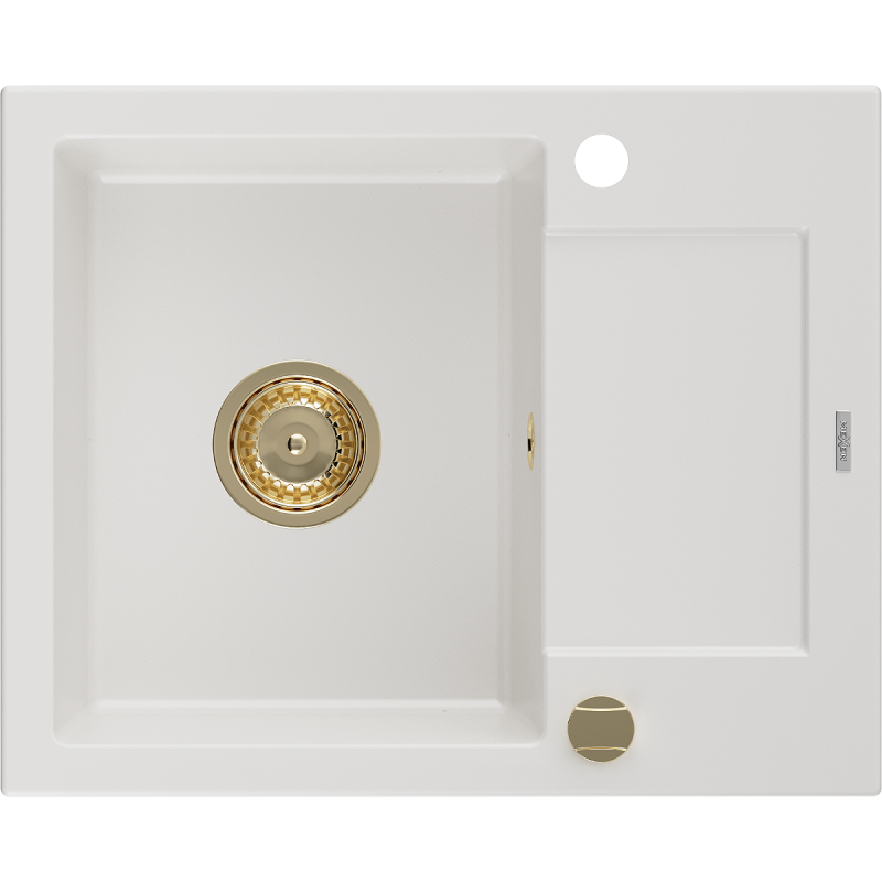 Mexen Enzo granito Plautuvė; 1 skyrius su nutekamuoju paviršiumi 576 x 465 mm, balta, sifonas auksinis - 6506571005-20-G
