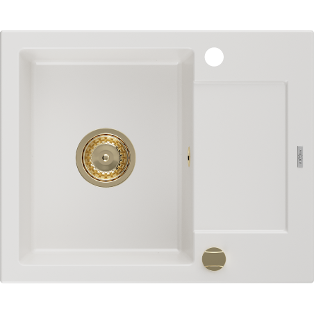 Mexen Enzo granito Plautuvė; 1 skyrius su nutekamuoju paviršiumi 576 x 465 mm, balta, sifonas auksinis - 6506571005-20-G