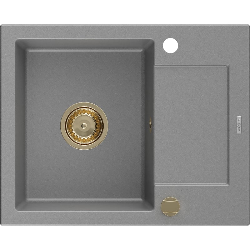 Mexen Enzo 1-dubens granitinė plautuvė su nuvarvėjimo padėklu 576 x 465 mm, pilka, sifonas auksinis - 6506571005-71-G