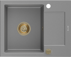 Mexen Enzo 1-dubens granitinė plautuvė su nuvarvėjimo padėklu 576 x 465 mm, pilka, sifonas auksinis - 6506571005-71-G