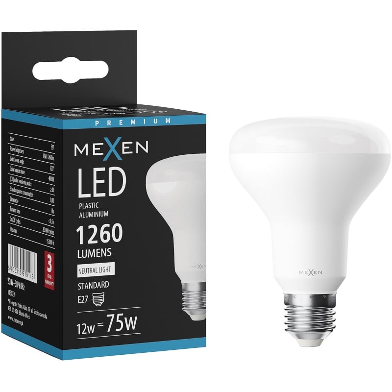 Mexen Nova LED lemputė E27, R80, 12W, Neutrali - 4000K, 1260 lm - L105-E27-1230-01 - L105-E27-1240-01