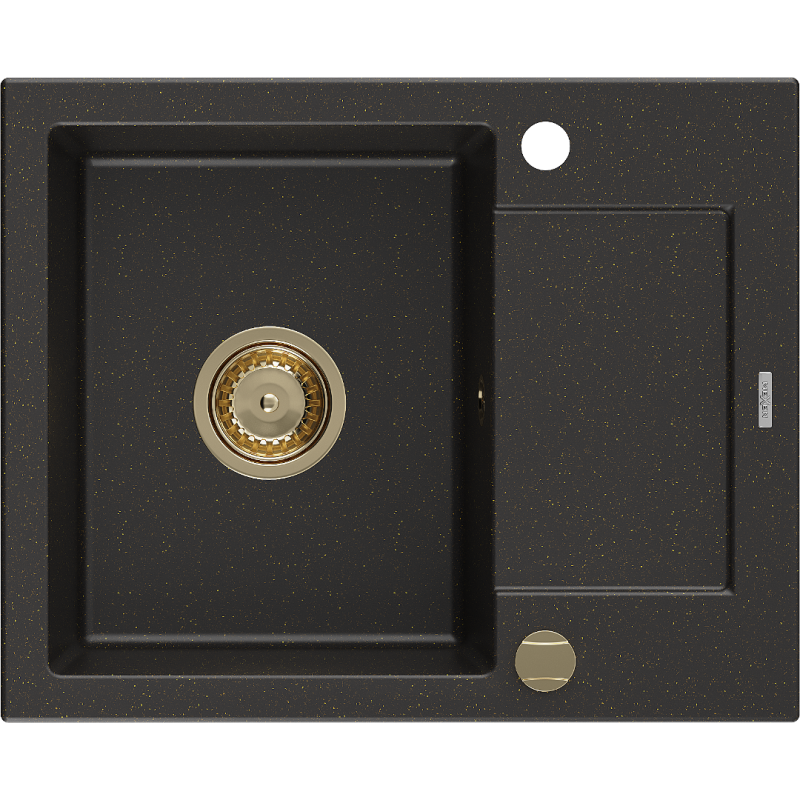 Mexen Enzo granitinė kriauklė su viena kamera ir lašintuvu 576 x 465 mm, juoda/auksinis metalikas, auksinis sifonas
