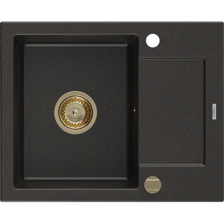 Mexen Enzo granitinė kriauklė su viena kamera ir lašintuvu 576 x 465 mm, juoda/auksinis metalikas, auksinis sifonas
