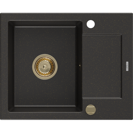 Mexen Enzo vienguba granitinė plautuvė su džiovykle 576 x 465 mm, Juoda/Auksinė metallic, sifonas Auksinė - 6506571005-75-G