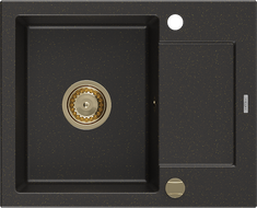 Mexen Enzo granitinė kriauklė su viena kamera ir lašintuvu 576 x 465 mm, juoda/auksinis metalikas, auksinis sifonas