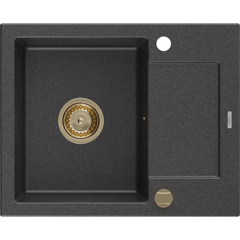 Mexen Enzo granitas vienos kriauklės plautuvė su nusausinimu 576 x 465 mm, juoda dėmėta, sifonas auksinis - 6506571005-76-G