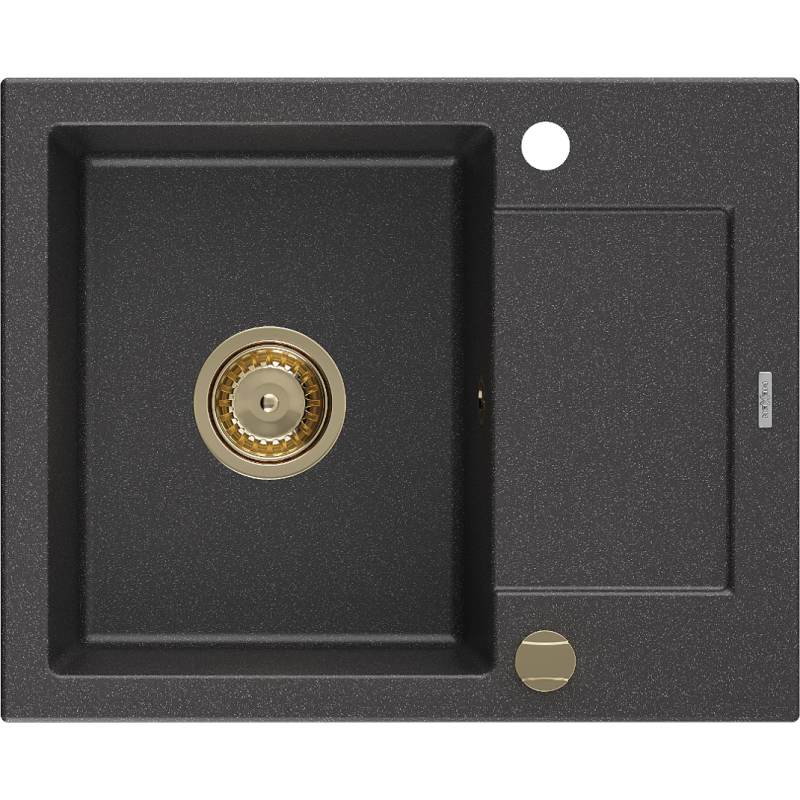 Mexen Enzo granitinė kriauklė 1 skyrius su lašėtuvu 576 x 465 mm, juoda dėmėta, sifonas auksinis - 6506571005-76-G