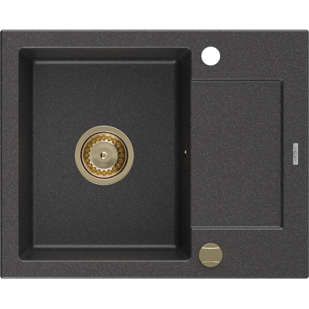 Mexen Enzo granitinė kriauklė 1 skyrius su lašėtuvu 576 x 465 mm, juoda dėmėta, sifonas auksinis - 6506571005-76-G