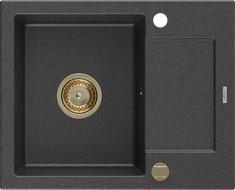 Mexen Enzo granitinė kriauklė 1 skyrius su lašėtuvu 576 x 465 mm, juoda dėmėta, sifonas auksinis - 6506571005-76-G