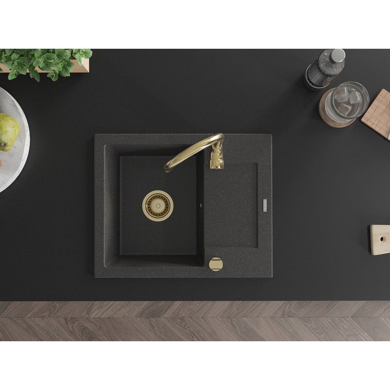 Mexen Enzo granitinė kriauklė 1 skyrius su lašėtuvu 576 x 465 mm, juoda dėmėta, sifonas auksinis - 6506571005-76-G