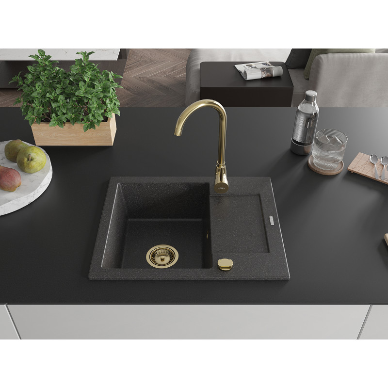 Mexen Enzo 1 skylių granito plautuvė su lašėjimo plokšte 576 x 465 mm, juoda dėmėta, aukso sifonas - 6506571005-76-G