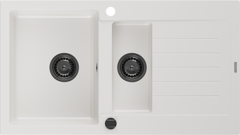 Mexen Matias granito plautuvė 1,5 skylių su nutekėjimu 900 x 505 mm, balta, juodas sifonas - 6502901505-20-B