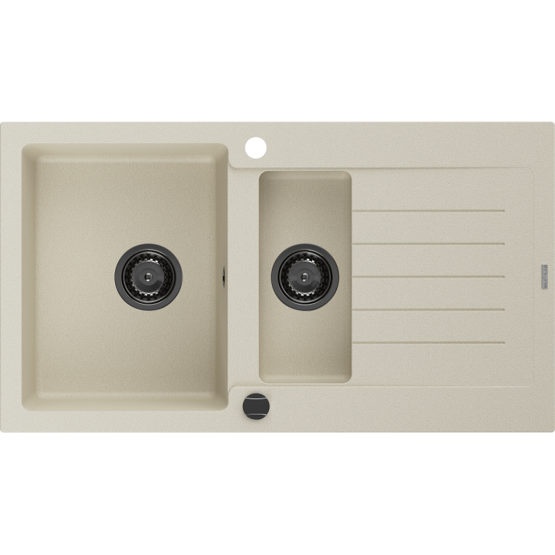 Mexen Matias granitinė 1,5 sekcijų kriauklė su nutekėjimu 900 x 505 mm, smėlio spalvos, juodas sifonas - 6502901505-69-B