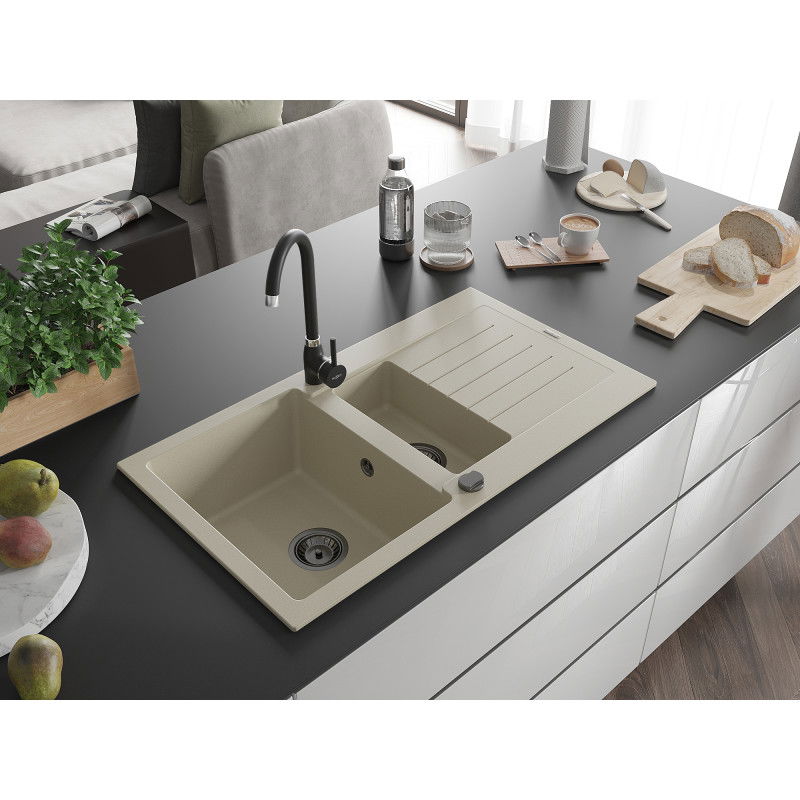 Mexen Matias granitinė 1,5 sekcijų kriauklė su nutekėjimu 900 x 505 mm, smėlio spalvos, juodas sifonas - 6502901505-69-B