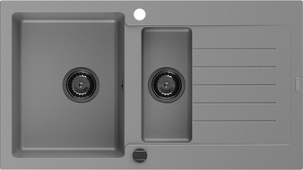 Mexen Matias granitinė praustuvė su 1,5 skyriumi ir lašėjimo paviršiumi, 900 x 505 mm, pilka, juodas sifonas - 6502901505-71-B