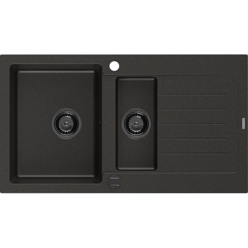 Mexen Matias granitinė dviejų skyrių plautuvė su nusausintuvu, 900 x 505 mm, juoda/auksinio metalo, juodas sifonas