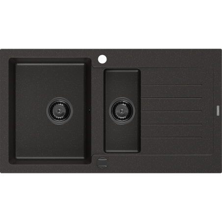 Mexen Matias granitinė dviejų skyrių plautuvė su nusausintuvu, 900 x 505 mm, juoda/auksinio metalo, juodas sifonas