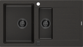 Mexen Matias granitinė dviejų skyrių plautuvė su nusausintuvu, 900 x 505 mm, juoda/auksinio metalo, juodas sifonas