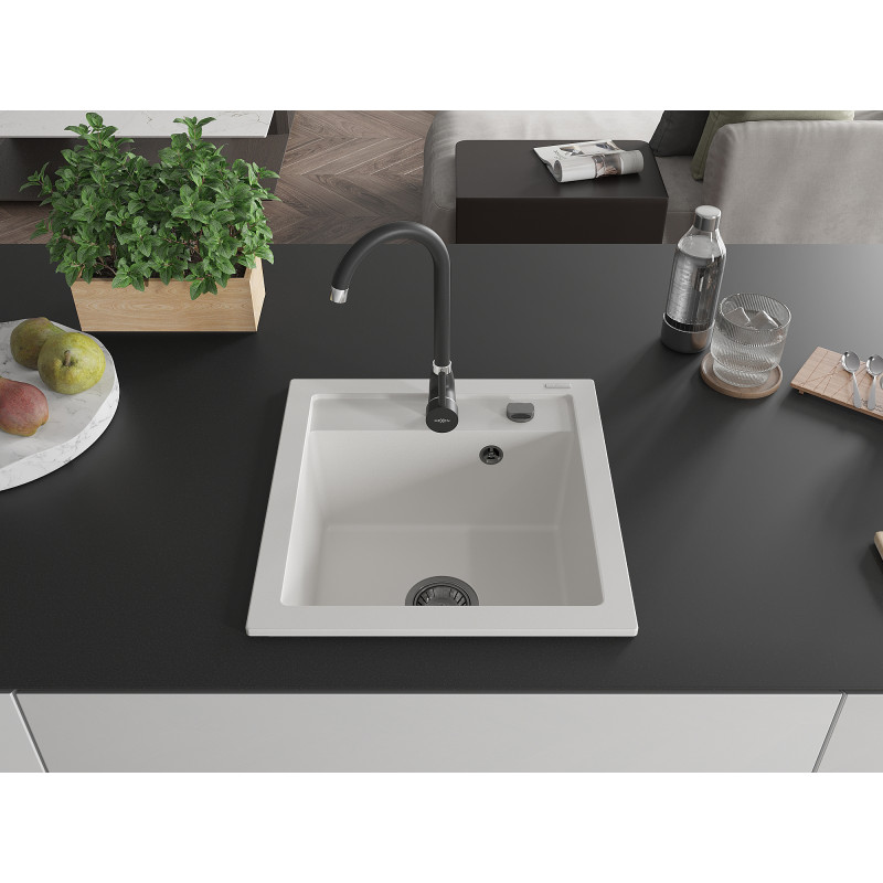Mexen Vito granito plautuvė 1 skyrius 520 x 490 mm, balta, juodas sifonas - 6503521000-20-B