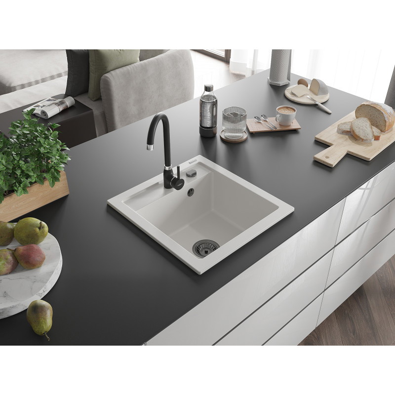 Mexen Vito granito plautuvė 1 skyrius 520 x 490 mm, balta, juodas sifonas - 6503521000-20-B