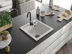 Mexen Vito vienguba granitinė plautuvė 520 x 490 mm, Balta, sifonas Juoda - 6503521000-20-B