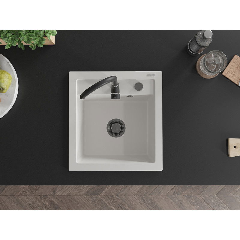 Mexen Vito granitinė plautuvė, 1 skyrius, 520 x 490 mm, balta, juodas sifonas - 6503521000-20-B