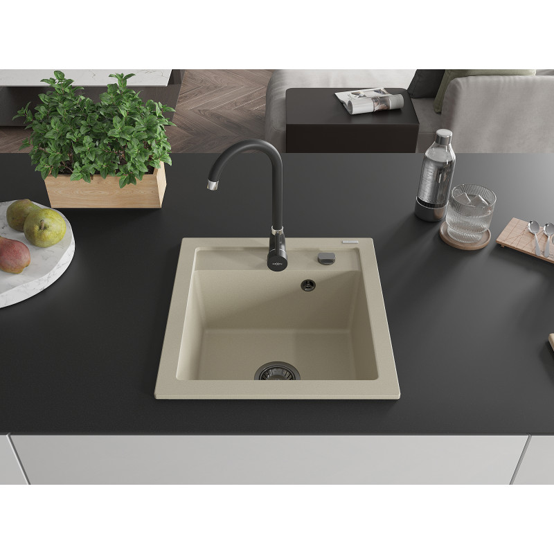 Mexen Vito granito virtuvinė kriauklė 1 skyrius 520 x 490 mm, smėlio, juodas sifonas - 6503521000-69-B