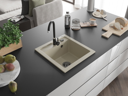 Mexen Vito granitinė vienos kameros kriauklė 520 x 490 mm, smėlio spalvos, juodas sifonas - 6503521000-69-B