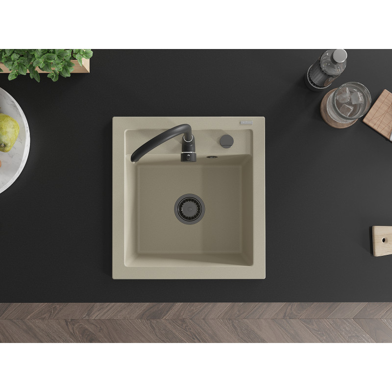 Mexen Vito granito virtuvinė kriauklė 1 skyrius 520 x 490 mm, smėlio, juodas sifonas - 6503521000-69-B