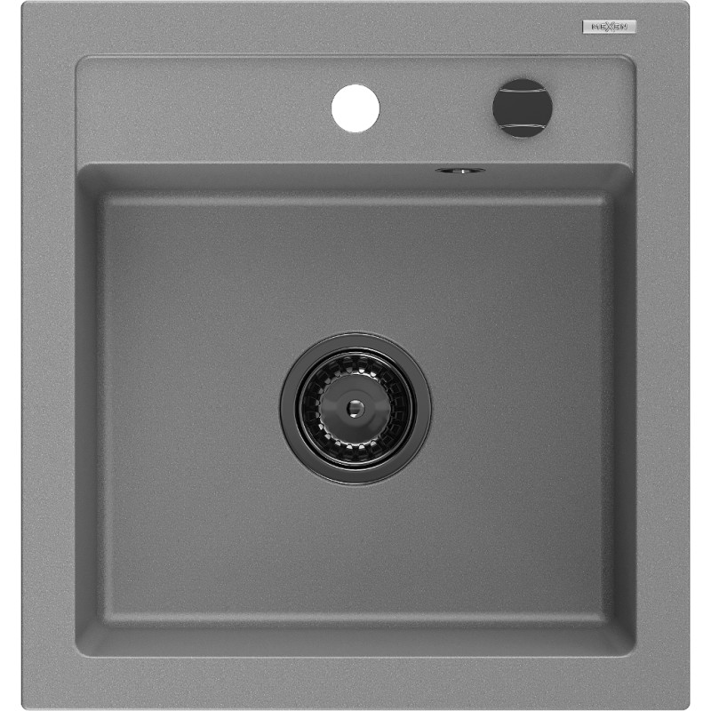 Mexen Vito granitinė virtuvės kriauklė 1 kamerinė 520 x 490 mm, pilka, juodas sifonas - 6503521000-71-B