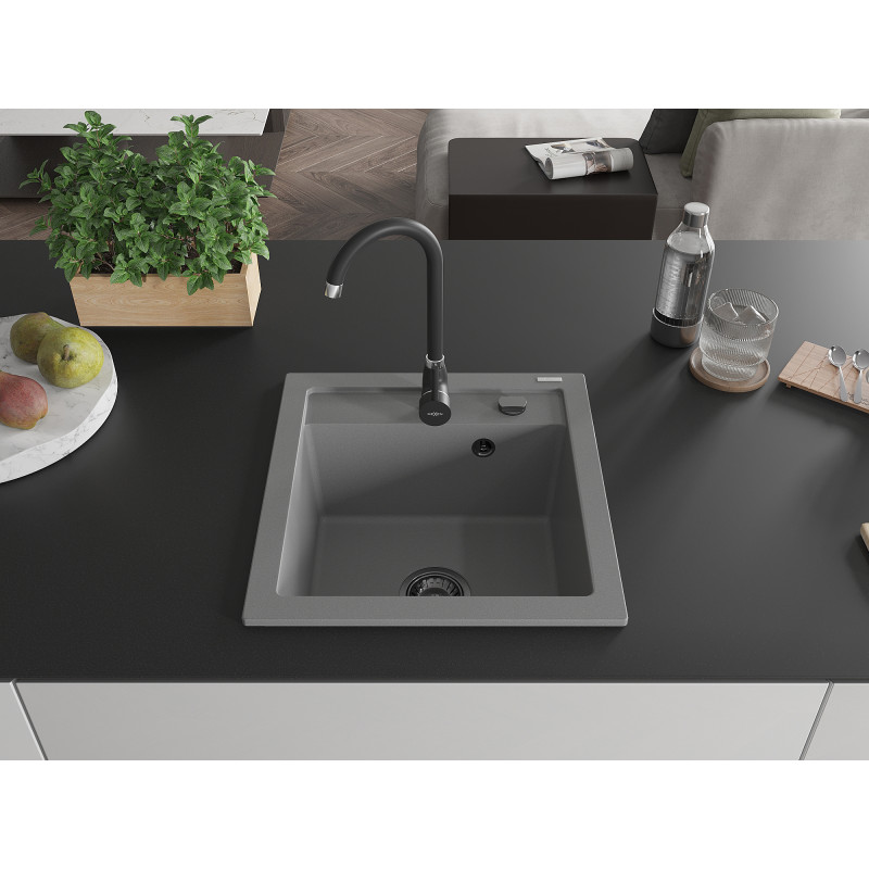 Mexen Vito granitinė vienos sekcijos plautuvė, 520 x 490 mm, pilka, juodas sifonas - 6503521000-71-B