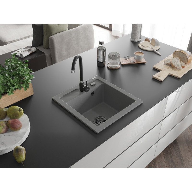 Mexen Vito granitinė vienos sekcijos plautuvė, 520 x 490 mm, pilka, juodas sifonas - 6503521000-71-B