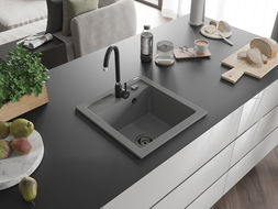 Mexen Vito vienguba granitinė plautuvė 520 x 490 mm, Pilka, sifonas Juoda - 6503521000-71-B
