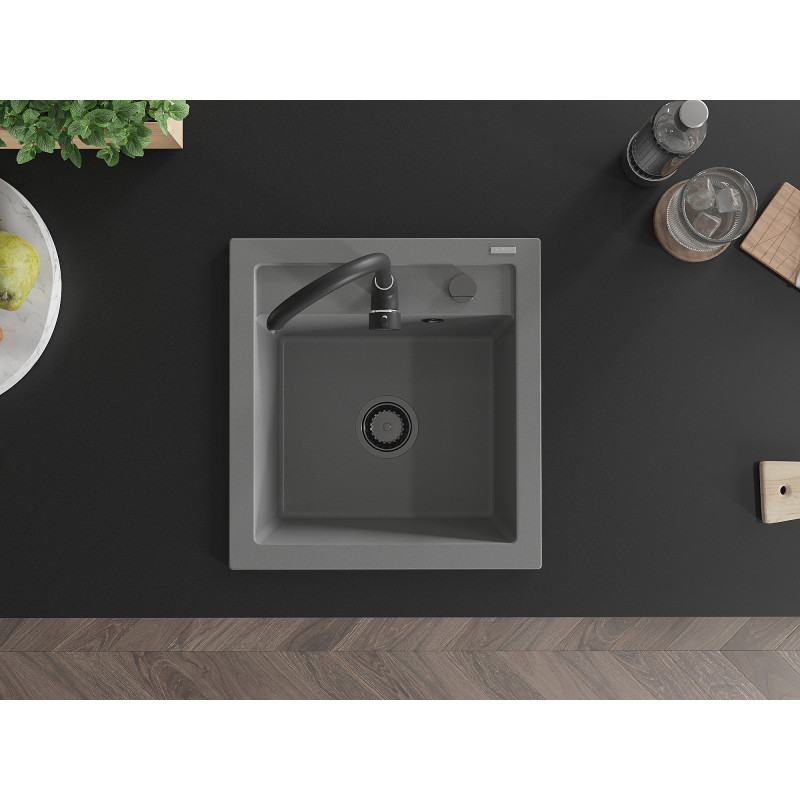 Mexen Vito granitinė vienos sekcijos plautuvė, 520 x 490 mm, pilka, juodas sifonas - 6503521000-71-B