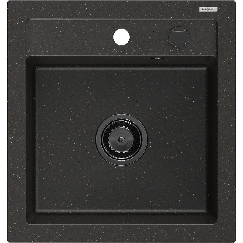 Mexen Vito granitinė vienaaukštė kriauklė 520 x 490 mm, juoda/auksinė metalo spalva, sifonas juodas - 6503521000-75-B