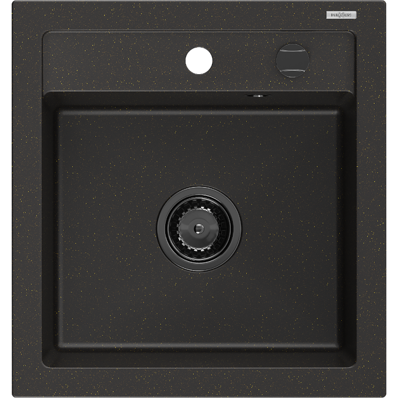 Mexen Vito granitinė vienos plautuvės kriauklė 520 x 490 mm, juoda/aukso metalikas, sifonas juodas - 6503521000-75-B
