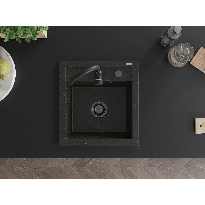 Mexen Vito granitinis kriauklė vienos sekcijos 520 x 490 mm, juoda/auksinė metalika, juodas sifonas - 6503521000-75-B