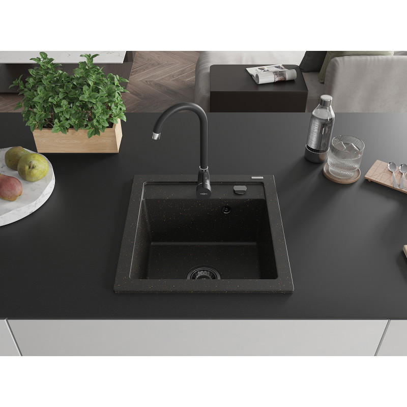 Mexen Vito granitinė vienos plautuvės kriauklė 520 x 490 mm, juoda/aukso metalikas, sifonas juodas - 6503521000-75-B
