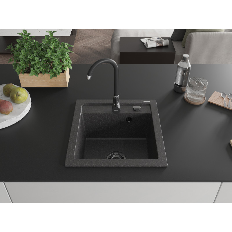 Mexen Vito granitinė plautuvė su vienu skyriumi 520 x 490 mm, juoda taškuota, juodas sifonas - 6503521000-76-B