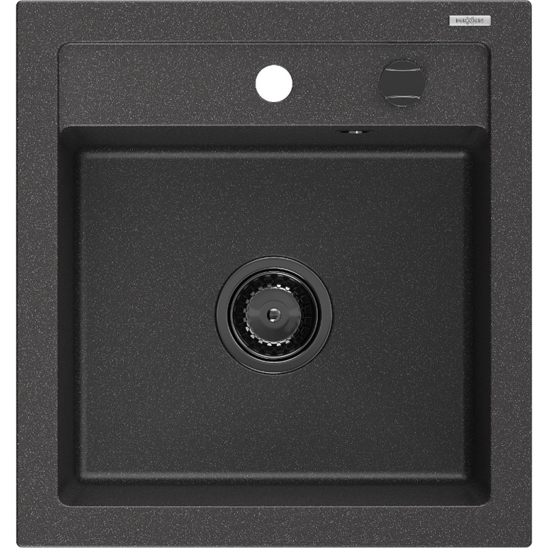 Mexen Vito granitinė plautuvė 1-dubens 520 x 490 mm, juoda dėmėta, juodas sifonas - 6503521000-76-B
