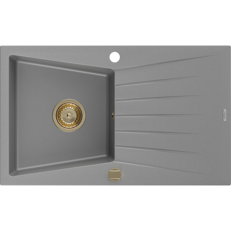 Mexen Cesar granito virtuvės kriauklė su vienu skyriumi ir nutekėjimu, 775 x 470 mm, pilka, auksinis sifonas - 6514771010-71-G