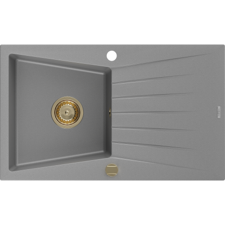 Mexen Cesar granito virtuvės kriauklė su vienu skyriumi ir nutekėjimu, 775 x 470 mm, pilka, auksinis sifonas - 6514771010-71-G