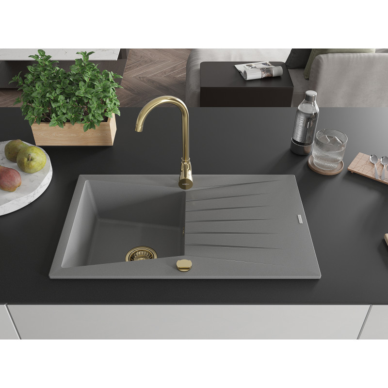 Mexen Cesar granitinė 1 kamera kriauklė su nusausintuvu 775 x 470 mm, pilka, auksinis sifonas - 6514771010-71-G