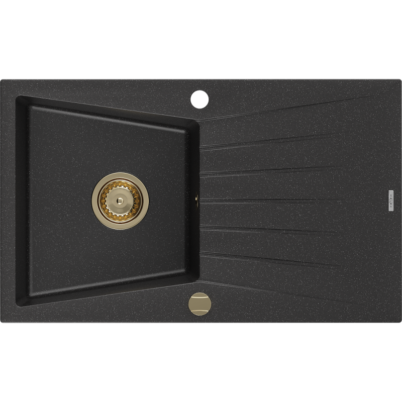 Mexen Cesar granitinė vienos kameros kriauklė su nuotėkiu 775 x 470 mm, juoda/sidabrinė metalo spalva, auksinis sifonas