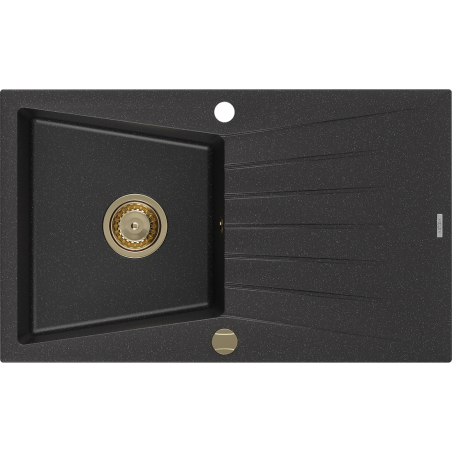 Mexen Cesar granitinė vienos kameros kriauklė su nuotėkiu 775 x 470 mm, juoda/sidabrinė metalo spalva, auksinis sifonas